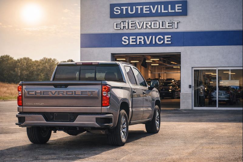 Chevrolet Service Maintenance at Stuteville Chevrolet in Oklahoma Silver Chevrolet Silverado parked outside the Stuteville Chevrolet service department during routine maintenance in Oklahoma